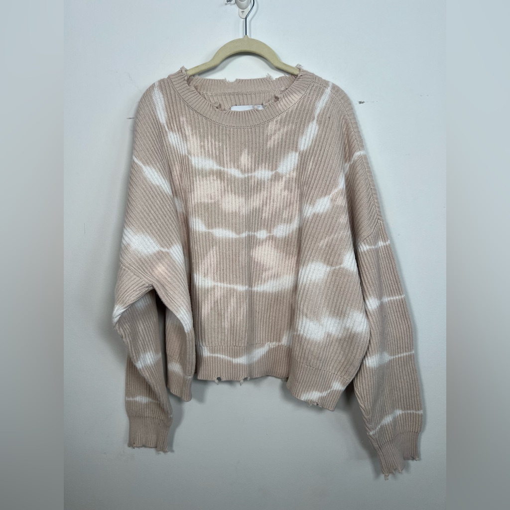 Pistola Eva Distressed Tie Dye Crew Neck Cropped Sweater, Beige -L